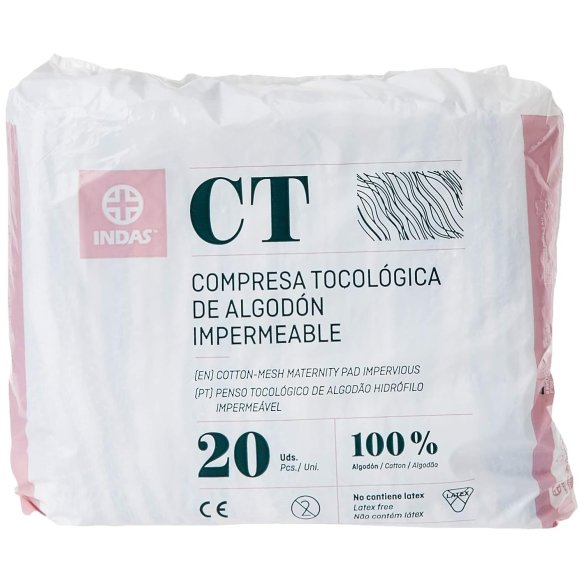 Compresa tocológica de algodón. 20 unidades