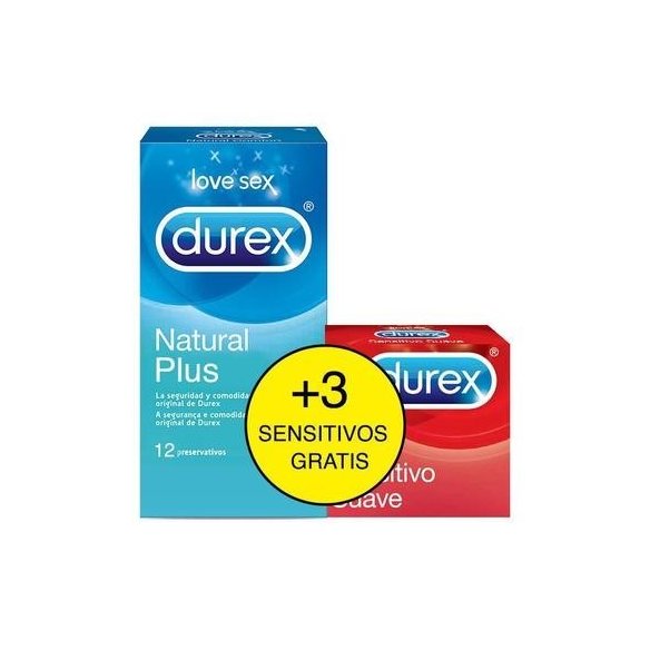 Durex Duplo Natural Plus 12u y Sensitivo Suave 3u Condones