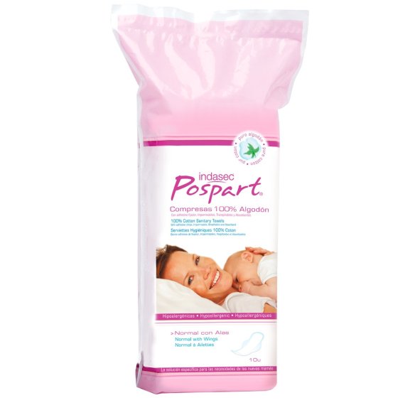 Indasec® Pospart® Compresas 100 algodón normal alas 10 unidades