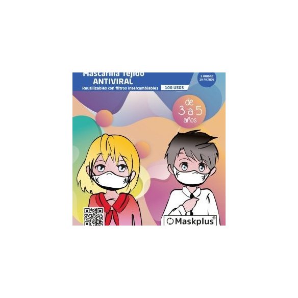 Mascarilla infantil maskplus azul tejido antiviral reutilizable de 3 a 5 años 1 unidad 10 filtros 