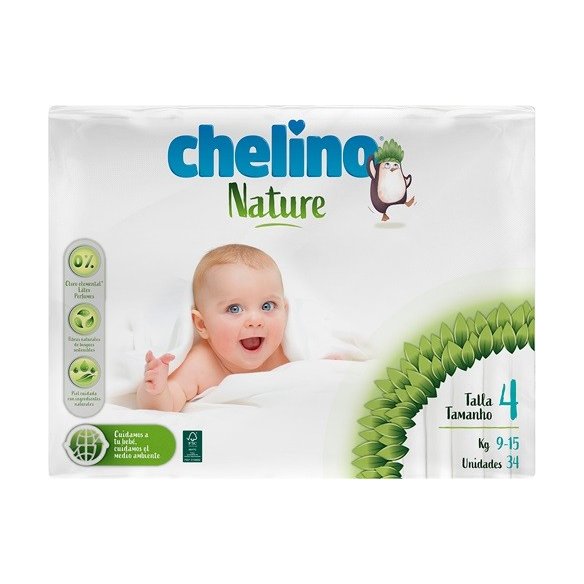 Pañal Chelino® Nature. Talla 4. Gateo de 9 kg. a 15 kg. 34 unidades