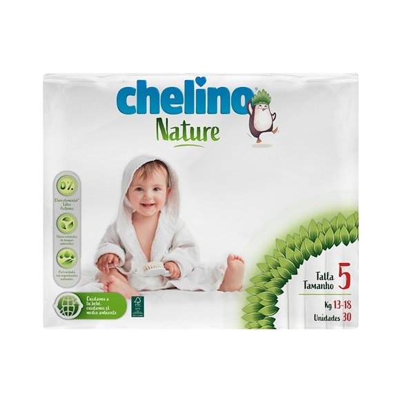 Pañal Chelino® Nature. Talla 5. Pasitos de 13 kg. a 18 kg. 30 unidades